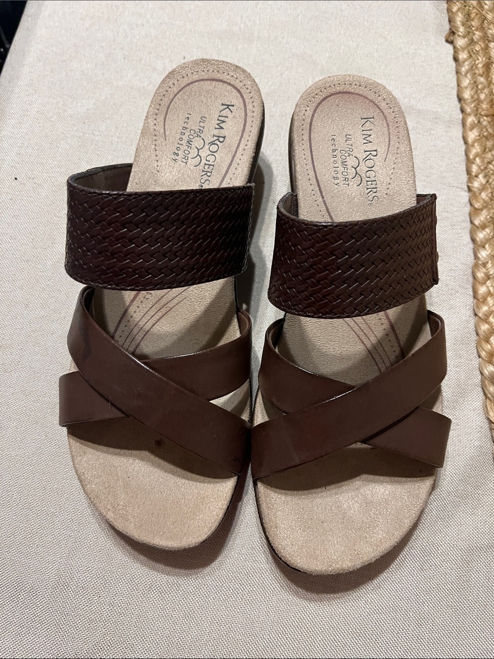 Kim Rogers Brown Woven Strap Wedge Sandals